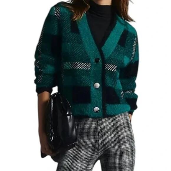Anthropologie Womens Cardigan Sweater L Plaid Fuzzy Academia Green Blue - Picture 1 of 8